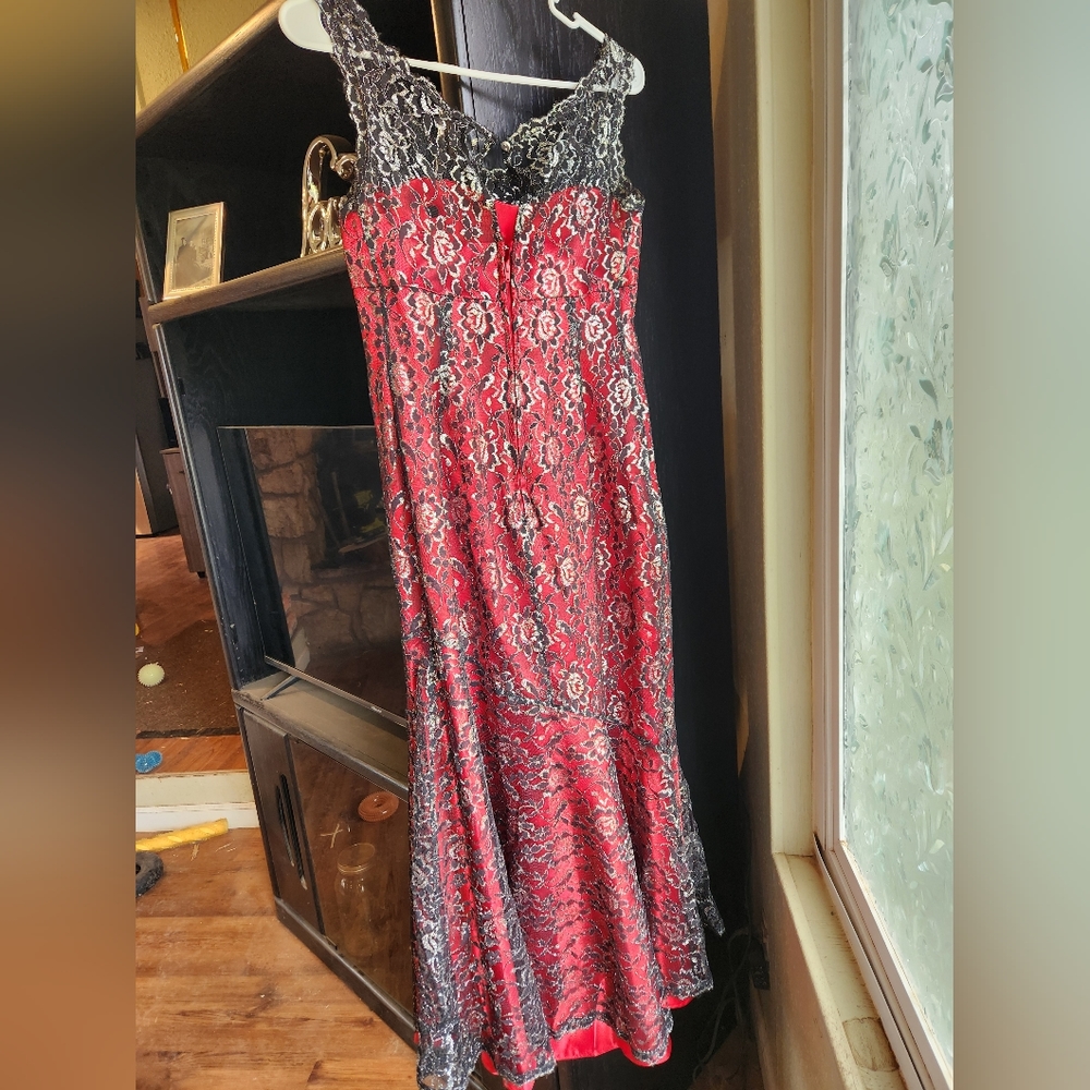 Red Satin Black Silver Sparkly Metallic Formal Maxi Dress